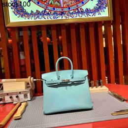 Platinum Handbag Family's Wax Thread Sewing Bk25cm Makaron Blue Epsom Cow Gold Buckle Handmade Genuine Leather