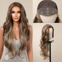 Wigs HAIRCUBE Long Wavy 13*4 Lace Front Synthetic Wigs for Women Brown With Blonde Highlight Wigs High Temperture Daly Lace Wigs Hair