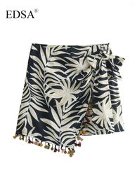 Skirts EDSA Women Printed Tassels Mini Skirt With Bow 2024 Summer Beach Style For Casual Female High Waist Wrap