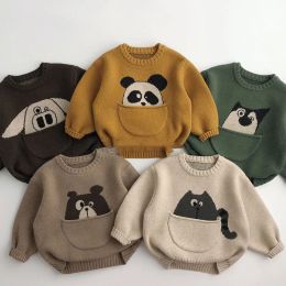 Sweaters 2023 Autumn Winter New Cartoon Pullover Sweater Boys Pocket Panda Knitted Shirt Girls Loose Cute Tops Children Allmatch Clothes