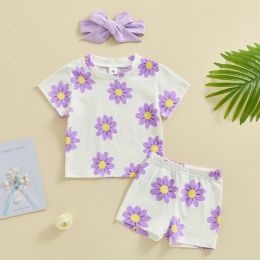 Sets Newborn Baby Girls Clothes Sets Flower Print Short Sleeve Tshirt Elastic Waist Shorts with Hairband Summer Casual Outfits
