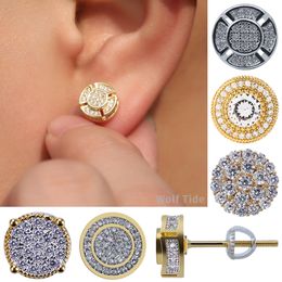 8-12mm 18k Real Gold Hip Hop Cubic Zirconia Round Stud Earrings for Men and Women Micro Set CZ Stone Iced Out Diamond Earring Studs Punk Rock Rapper Jewellery Gifts