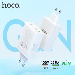 Chargers HOCO EU Plug GaN PD100W Fast Charging 4 Ports Charger For MacBook Laptop PD QC USB C Phone Charge Adapter For iPhone 14 Pro Max