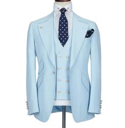 Suits Light Blue One Button Men Suits Wedding Dress Slim Fit Costume Homme Groom Suits Tuxedos 3 Pcs Party Prom Terno Masculino Blazer