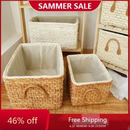 Baskets Woven Storage Basket with Handles Sundries Toys Clothing Organizer Box Laundry Corn Husk Wardrobe Basket Closet Organzier