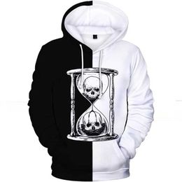 Y2CS Men's Harajuku Fashion Hoodies For Men Black And Whiter Street y2k Hoodie 3d Hourglass Print Boys Kids Hooded Sweatshirts Long Sleeve 240424