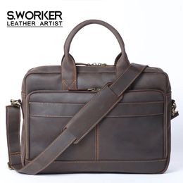 Vintage Genuine Leather Men Briefcase 15 Laptop Bag Work Business Mens Crazy Horse Shoulder Handbag 240418