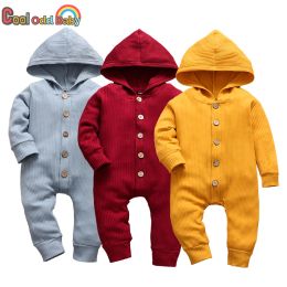 One-Pieces Autumn Newborn Clothes Cotton Baby Boy Girl Romper Long Sleeve Knitted Ribbed Hooded Jumpsuit Spring Solid Infant Clothing 018M