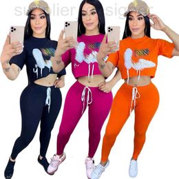 Women's Two Piece Pants designer Q6120 Solid Color Slim Fit Offset Printing Letter Short Sleeve+Long Set, 3 Colors 5RIF