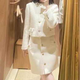 Women's Jackets 2 Colors Women Slim Tweed Set Autumn 2024 Female O-Neck Single Breasted Long Sleeve Jacket And A-Line High Waist Mini Skirt