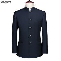 Jackets Stand Collar Men Navy Blue Business Suit Jacket Traditional Chinese Style Single Breasted Mens Uniform Tunic Jacket White