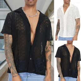 Men's Casual Shirts Cotton Sheer Openwork Men See-through Mesh Sexy Lace Short Sleeves Transparent T-shirt Summer Tops Solid Trendy Cardigan