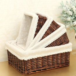 Baskets Wicker Basket with Liner Woven Storage Bins Rectangular Shelf Baskets for Home Bedroom Bathroom Organizing Natural Brown