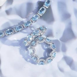 Necklaces Romantic 14K White Gold Lab Aquamarine Diamond Jewelry set Engagement Wedding Earrings Necklace For Women Bridal Promise Gift