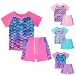 Swimwear Girls Mermaid Swimsuit Two Piece Short Sleeve Top and Shorts Sets Bathing Suits Summer Beach Rash Guard Swimwear for 310 Years