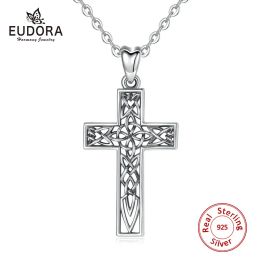 Necklaces EUDORA Unique 925 Sterling Silver Cross Pendant Celtics Knot Necklace Fashion Women Man Jewelry Cross Charm with gift Box CYD442