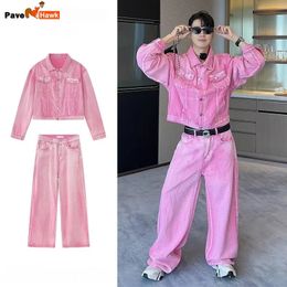 Male Pink Denim Suits Two-piece Casual Denim JacketStraight Pants Korean Fashion Single Breasted Set Jeans Women High Street 240419