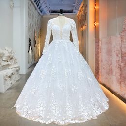 Hire Lnyer Long Sleeve Buttons Up Back Flowers Lace Floor Length Without Train A-Line Wedding Dresses Real Office Photos Video