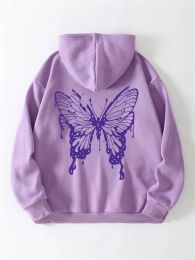 Sweatshirts Butterfly Print Thermal Lined Kangaroo Pocket Drawstring Hoodie Harajuku Hoodies Sweatshirts Fashion Oversized Long Sleeve Top