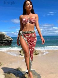 Women's Swimwear Push Up Bikini Bandage Swimsuit Floral Printed Swimwear Women 2024 Sexy Biquini Brazilian 3-Piece Bathing Suit Long Beach Sarong d240424