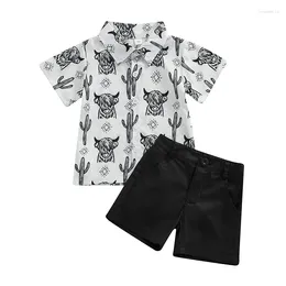 Clothing Sets Toddler Boys Outfits Cactus Print Summer Lapel Short Sleeve Shirt And Casual Elastic Shorts Set