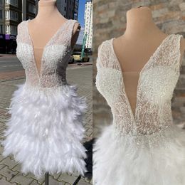 Sexy Mini Evening Dresses Sequins V Neck Sleeveless Prom Gown Feather Short Celebrity Dress For Party Custom Made