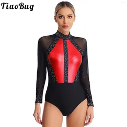 Stage Wear Womens Metallic Gymnastic Leotard Bodysuit Tops Sheer Mesh Long Sleeve Rhinestone Ballet Costume Figure Ice Skating Jumpsuit