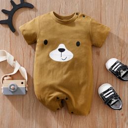 One-Pieces Summer Newborn Boys And Girls Cute Cartoon Brown Bear Printed Cotton Comfortable Baby Short Sleeve Bodysuit