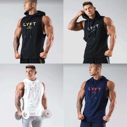 Muscle Men Shirt Vest Solid Sleeveless Hooded Tank Tops Gym Clothing Bodybuilding Stringer Hoodie 220421