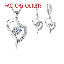 Necklaces 925 Sterling Silver Needle Bridal Jewelry Sets CZ Cubic Zircon Lovers' Heart Drop Necklaces Hoop Earrings Women Party Engagement