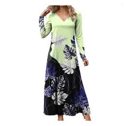 Casual Dresses Vintage Women Dress V Neck Leaf Print Loose A-line Color Matching Long Sleeve Pullover Maxi