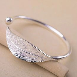 Fashion 925 Sterling Silver Woman Cuff Bracelet Open Leaf Shaped Adjustable Charm Bangle Girls Party Jewelry Christmas Gifts 240418