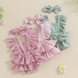 One-Pieces Pudcoco Newborn Baby Girl Outfit, Fly Sleeve Square Neck Swiss Dots Layered Romper Dress with Hairband Summer Clothes 018M