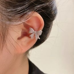 Earrings 1Pc Shiny Rhinestone Bow Clip Earring for Women Korean Crystal Bowknot No Piercing Ear Cuff Silver Colour Ear Clip Jewellery Gift