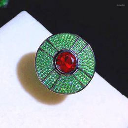 Cluster Rings S925 Sterling Silver Ruby Diamond Button Ring Gemstone Green Zircon Paved Luxury Jewelry