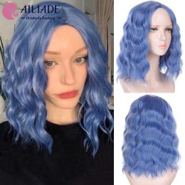 Wigs AILIADE Synthetic Short Wavy Wig Orange Black Blue Brown Lolita Cosplay Wigs For Women Heat Resistant Middle Part False Hair