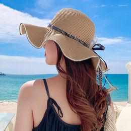 Wide Brim Hats Women's Straw Hat Spring And Summer Lace Bow Large Breathable Foldable Sunshade Caps Beach Cap Sweet Fisherman