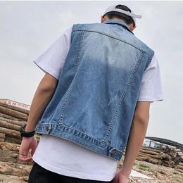 Sleeveless Denim Vest Mens Sleeveless Denim Jacket with Ripped Holes Pockets Single Breasted Washed Waistcoat for Casual Loose 240420