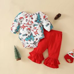 Sets FOCUSNORM Christmas 018M Autumn Cute Baby Girls Boys Clothes Sets 2pcs Santa Printed Off Shoulder Ruffles Romper Top Flare Pant