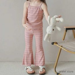 Clothing Sets Baby Girls Set 2024 Tops+pants Summer Suit Ice Silk Thin Childrens Striped Camisole Bell Pants Two-piece Set
