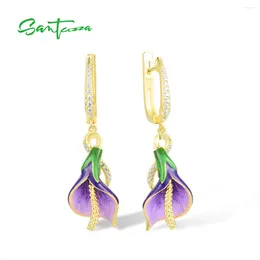 Dangle Earrings SANTUZZA 925 Sterling Silver Dangling For Women Sparkling White Cubic Zirconia Purple Tulip Fine Elegant Jewellery Enamel