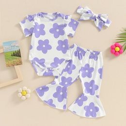 Clothing Sets AXYRXWR Born Baby Girls Summer 0-24M Ribbed Floral Print Short Sleeve Bodysuits Flare Pants Headband Outfits