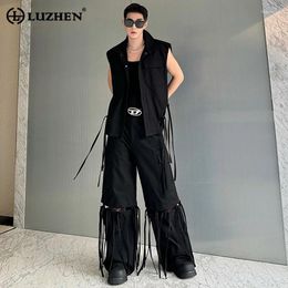 Men's Tracksuits LUZHEN Fashion Tassel Design Sleeveless Vest Jacket Loose Straight Pants 2024 Stylish High Street Original Two-piece Sets