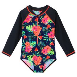 BAOHULU One Piece Girls Swimsuit Flower Print Long Sleeve Beachwear Children Water Sport Swimming Suit Bathing Wear 240416