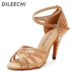 Dance Shoes DILEECHI Bronze Black Satin Latin Women Rhinestones Ballroom Dancing Salsa Party Sandal High Heel 10cm