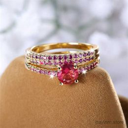 Wedding Rings Luxury Rose Red Blue Purple Green Stone Wedding Bands Antique Gold Color Couple Engagement Ring Sets For Women Mothers Day Gifts