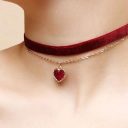 Necklaces Classic Gothic Tattoo Red Velvet Choker Necklace Red Heart Pendant Necklaces For Women Fashion Jewellery Valentine's Gift N0352