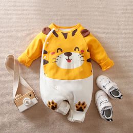One-Pieces Spring and Autumn Boys and Girls Cute Cartoon Tiger 3D Printed Cotton Comfortable Long Sleeve Baby Bodysuit