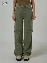 Women's Jeans BPN Minimalist Soild For Women High Waist Patchwork Pockets Casual Loose Wide Leg Denim Pants Female Fashion Clothing