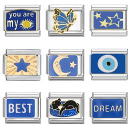 Strands Blue Butterfly Moon Star Devil Eye Heart Cats Dream Italian Charm Links Fit 9mm Bracelet Making DIY Jewellery Wholesale